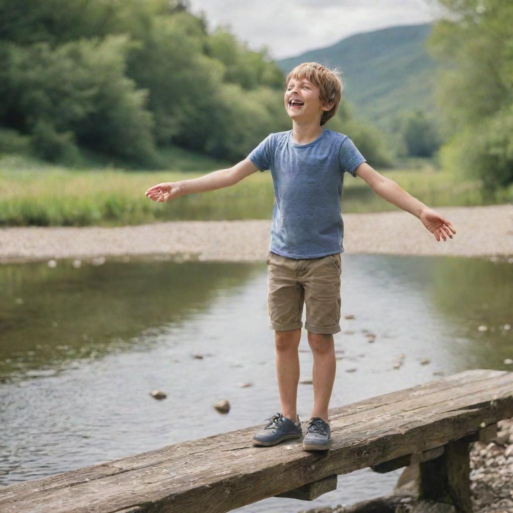 A charming young boy standing on an old rustic bridge, laughing as he tosses pebbles into the calm river below on a sunny day.