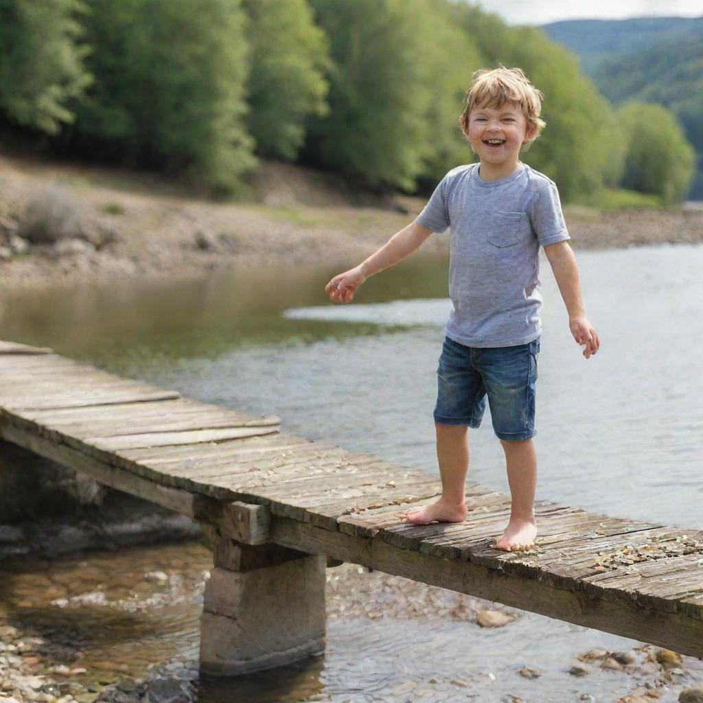 A charming young boy standing on an old rustic bridge, laughing as he tosses pebbles into the calm river below on a sunny day.