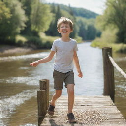 A charming young boy standing on an old rustic bridge, laughing as he tosses pebbles into the calm river below on a sunny day.