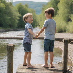 A charming young boy standing on an old rustic bridge, laughing as he tosses pebbles into the calm river below on a sunny day.