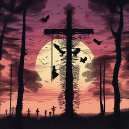 This digital art piece portrays a scene at dusk with a Swedish midsummer pole standing tall in a clearing amidst a dense, spooky forest