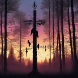 This digital art piece portrays a scene at dusk with a Swedish midsummer pole standing tall in a clearing amidst a dense, spooky forest