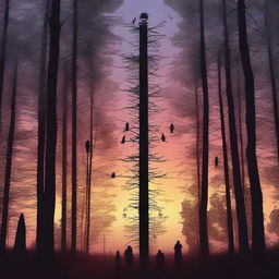 This digital art piece portrays a scene at dusk with a Swedish midsummer pole standing tall in a clearing amidst a dense, spooky forest