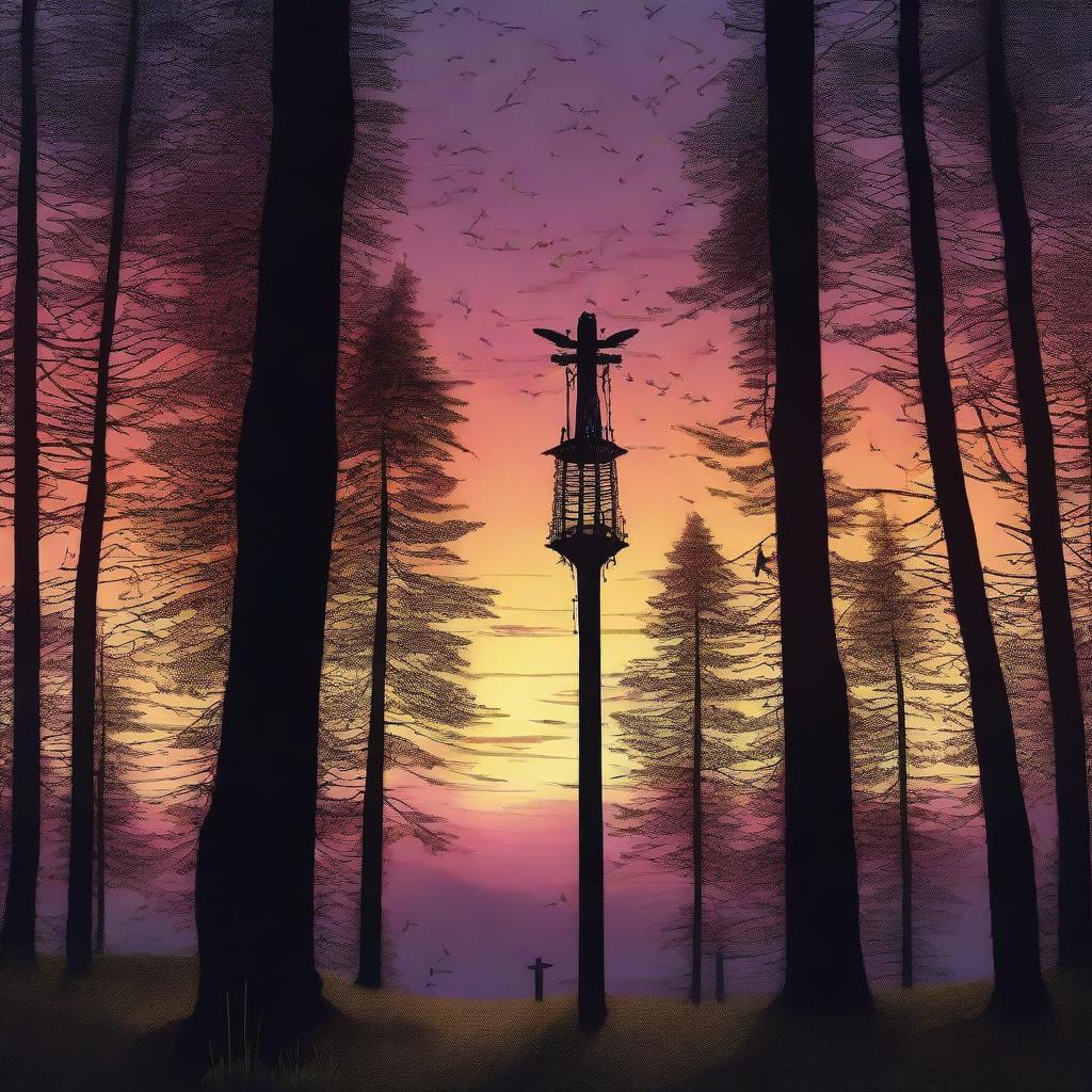 This digital art piece portrays a scene at dusk with a Swedish midsummer pole standing tall in a clearing amidst a dense, spooky forest