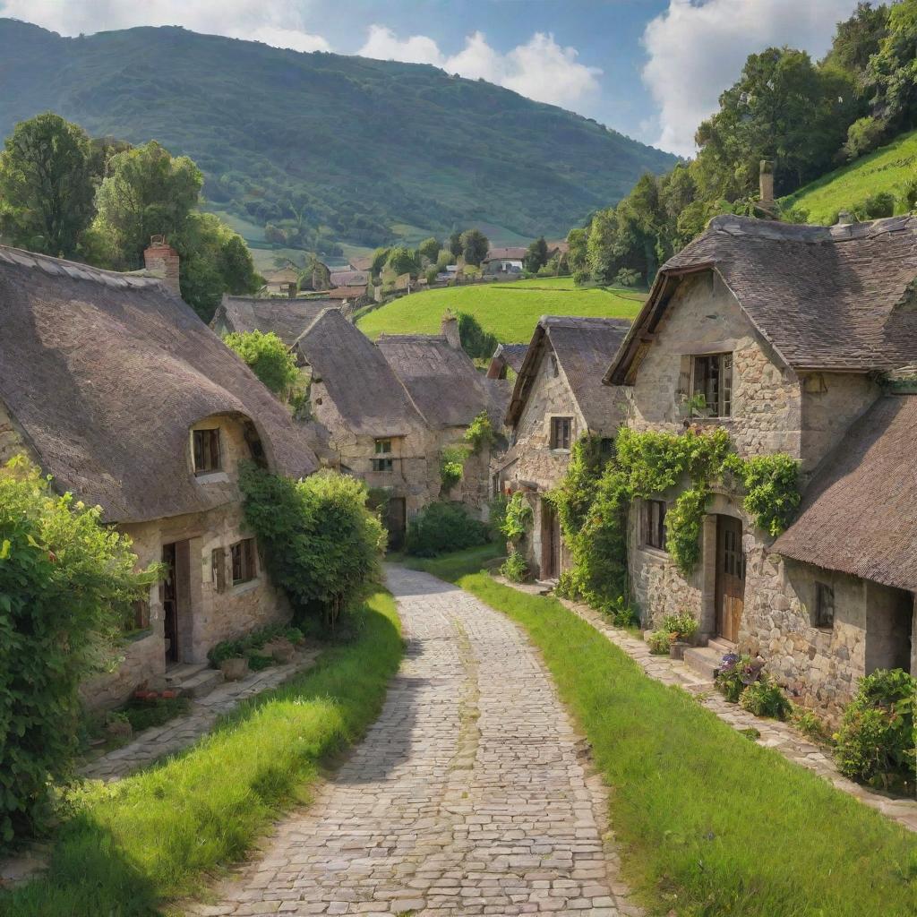 A serene and idyllic village surrounded by lush green fields, with rustic cottages, a winding cobblestone street, and the local townsfolk going about their daily life.