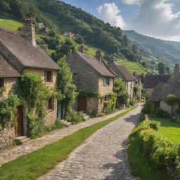 A serene and idyllic village surrounded by lush green fields, with rustic cottages, a winding cobblestone street, and the local townsfolk going about their daily life.