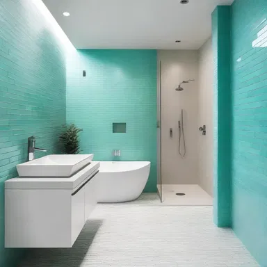The architect incorporated beautiful hemimorphite tiles into the design of the bathroom, giving it a fresh and elegant look.