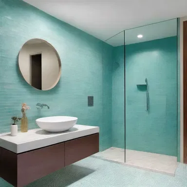 The architect incorporated beautiful hemimorphite tiles into the design of the bathroom, giving it a fresh and elegant look.