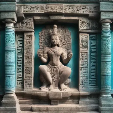 The sacred temple was adorned with intricate carvings of the deity, and the walls were decorated with shimmering hemimorphite to symbolize purity and divine protection.