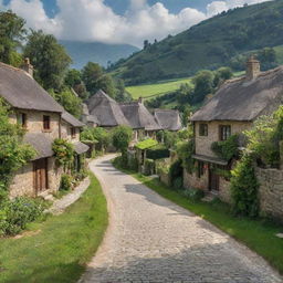 A serene and idyllic village surrounded by lush green fields, with rustic cottages, a winding cobblestone street, and the local townsfolk going about their daily life.