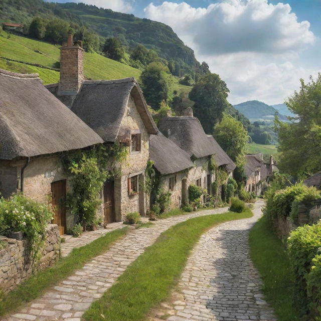 A serene and idyllic village surrounded by lush green fields, with rustic cottages, a winding cobblestone street, and the local townsfolk going about their daily life.