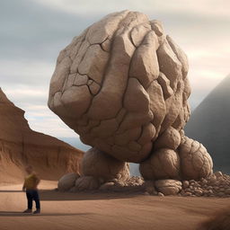 A mythical creature, half-man half-boulder, with the lower part as solid and detailed as a rocky terrain, and the upper part fashioned as a well-defined human anatomy.