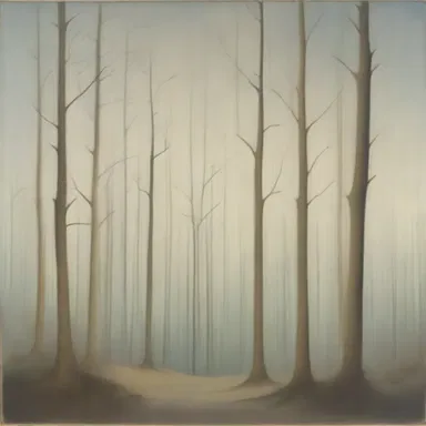 The artist's painting portrayed a whimsical forest scene, featuring etiolated trees with pale, elongated branches reaching towards the sky.