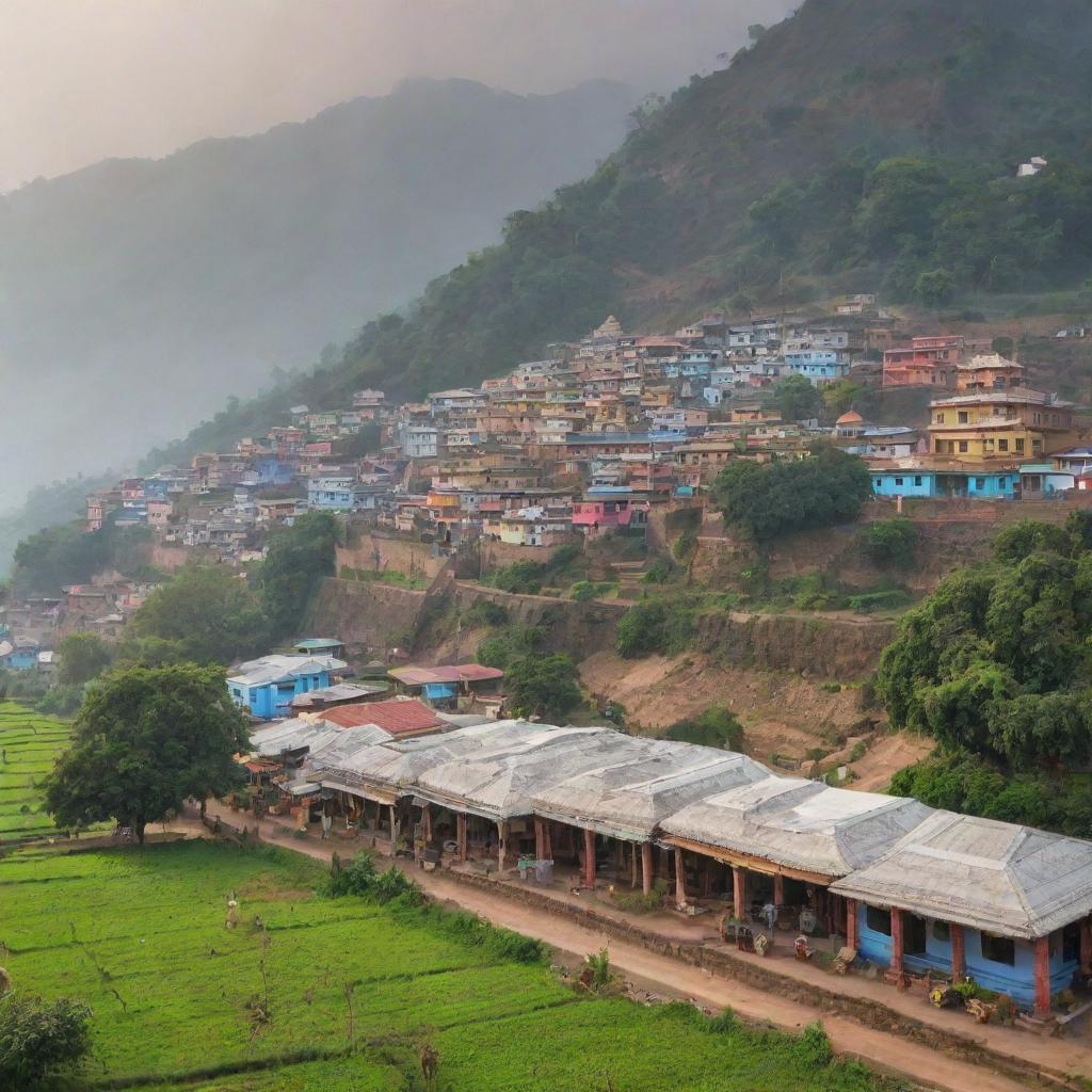 A vibrant Indian village brimming with colourful houses, bustling local markets, and intricate Hindu temples, set against a backdrop of lush fields and misty mountains.