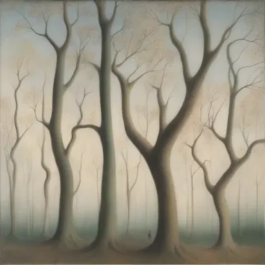 The artist's painting portrayed a whimsical forest scene, featuring etiolated trees with pale, elongated branches reaching towards the sky.