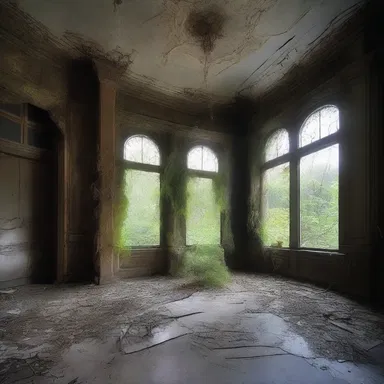 In the eerie abandoned mansion, the etiolation of the plants added to the haunting atmosphere.