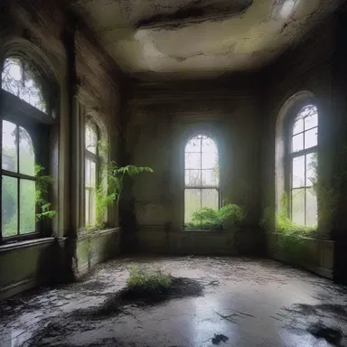 In the eerie abandoned mansion, the etiolation of the plants added to the haunting atmosphere.