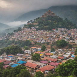 A vibrant Indian village brimming with colourful houses, bustling local markets, and intricate Hindu temples, set against a backdrop of lush fields and misty mountains.