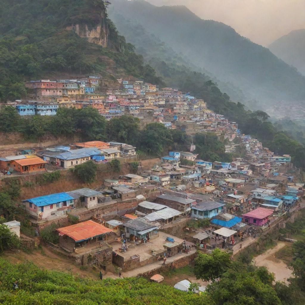 A vibrant Indian village brimming with colourful houses, bustling local markets, and intricate Hindu temples, set against a backdrop of lush fields and misty mountains.