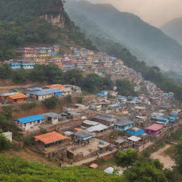 A vibrant Indian village brimming with colourful houses, bustling local markets, and intricate Hindu temples, set against a backdrop of lush fields and misty mountains.