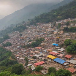 A vibrant Indian village brimming with colourful houses, bustling local markets, and intricate Hindu temples, set against a backdrop of lush fields and misty mountains.