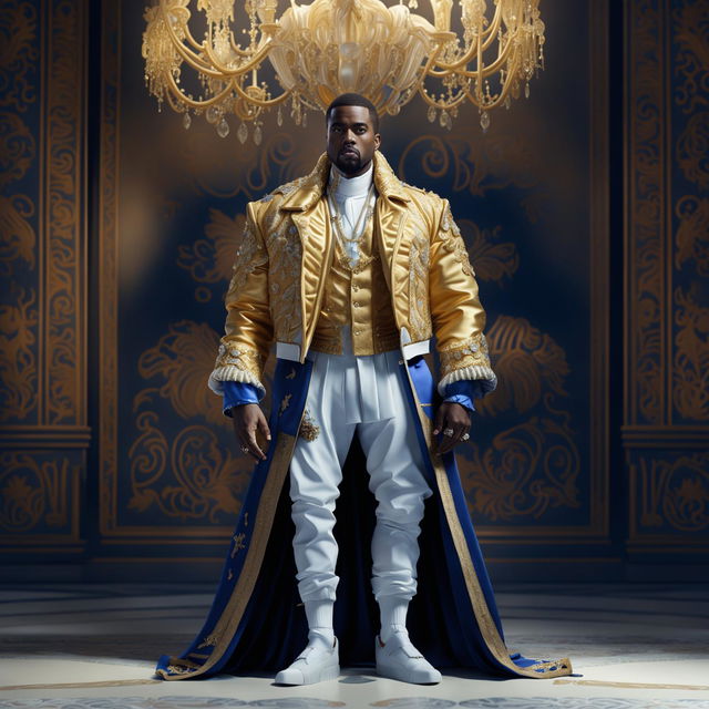 Hyper-realistic 3D rendering of Kanye West in Rococo era royal attire, in a gold and royal blue color scheme, set in an ornate Rococo-style room.