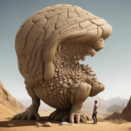 A mythical creature, half-man half-boulder, with the lower part as solid and detailed as a rocky terrain, and the upper part fashioned as a well-defined human anatomy.