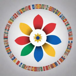 Create a logo that incorporates symbols of diversity such as national flags, traditional houses, and indigenous clothing. Arrange these elements in an assembly that signifies unity, either a flower or circular layout.