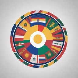 Create a logo that incorporates symbols of diversity such as national flags, traditional houses, and indigenous clothing. Arrange these elements in an assembly that signifies unity, either a flower or circular layout.