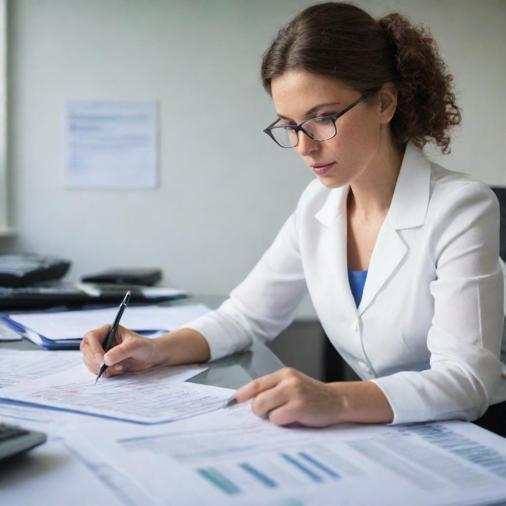 A professional and focused auditor, examining financial statements with precision, surrounded by documents and spreadsheets in a well-lit office environment.