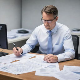 A professional and focused auditor, examining financial statements with precision, surrounded by documents and spreadsheets in a well-lit office environment.