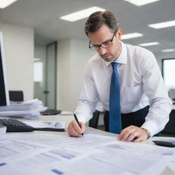 A professional and focused auditor, examining financial statements with precision, surrounded by documents and spreadsheets in a well-lit office environment.