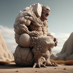 A mythical creature, half-man half-boulder, with the lower part as solid and detailed as a rocky terrain, and the upper part fashioned as a well-defined human anatomy.