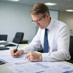 A professional and focused auditor, examining financial statements with precision, surrounded by documents and spreadsheets in a well-lit office environment.