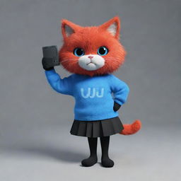 Full body image of a red-skinned, cat-like furry character with a TV head displaying the text 'UwU'. She's wearing a blue pullover, a black skirt, and black socks.