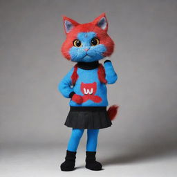 Full body image of a red-skinned, cat-like furry character with a TV head displaying the text 'UwU'. She's wearing a blue pullover, a black skirt, and black socks.