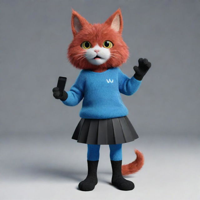 Full body image of a red-skinned, cat-like furry character with a TV head displaying the text 'UwU'. She's wearing a blue pullover, a black skirt, and black socks.