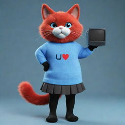 Full body image of a red-skinned, cat-like furry character with a TV head displaying the text 'UwU'. She's wearing a blue pullover, a black skirt, and black socks.