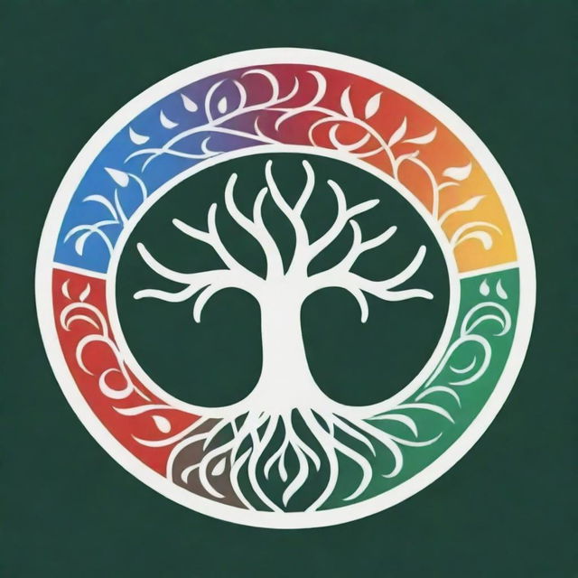 Design a logo featuring symbols of unity like a Garuda bird and a tree of life incorporated with colors that represent diversity such as red, white, and green.