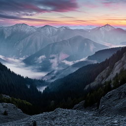 An endless panorama of dense, majestic mountain peaks reaching towards infinity, with a misty ambiance and the vibrant color changes of a sunset.