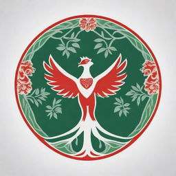 Design a logo featuring symbols of unity like a Garuda bird and a tree of life incorporated with colors that represent diversity such as red, white, and green.