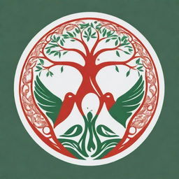 Design a logo featuring symbols of unity like a Garuda bird and a tree of life incorporated with colors that represent diversity such as red, white, and green.