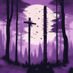 A high-quality digital art depicting a traditional Swedish midsummer pole, standing prominently in a clearing of a dense, spooky forest at dusk