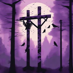 A high-quality digital art depicting a traditional Swedish midsummer pole, standing prominently in a clearing of a dense, spooky forest at dusk