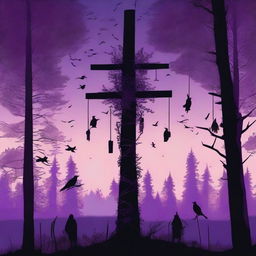 A high-quality digital art depicting a traditional Swedish midsummer pole, standing prominently in a clearing of a dense, spooky forest at dusk