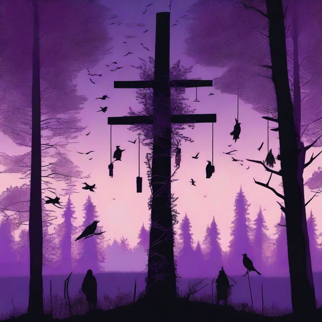 A high-quality digital art depicting a traditional Swedish midsummer pole, standing prominently in a clearing of a dense, spooky forest at dusk