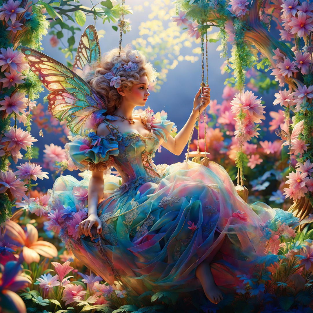 A hyper-realistic 3D rococo fairy on a swing in a vibrant garden, with sunlight filtering through trees on a warm day.