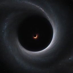 A modern spaceship in outer space near a gigantic black hole, where the cosmic drift and space-time is heavily distorted.