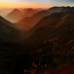 An endless panorama of dense, majestic mountain peaks reaching towards infinity, with a misty ambiance and the vibrant color changes of a sunset.