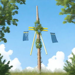 A high-quality digital art image showcasing a traditional Swedish midsummer pole, known as a midsommarstång, standing tall against a clear sky